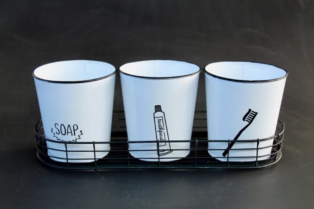 Set Of 3 Enamel Bathroom Pails In Stand